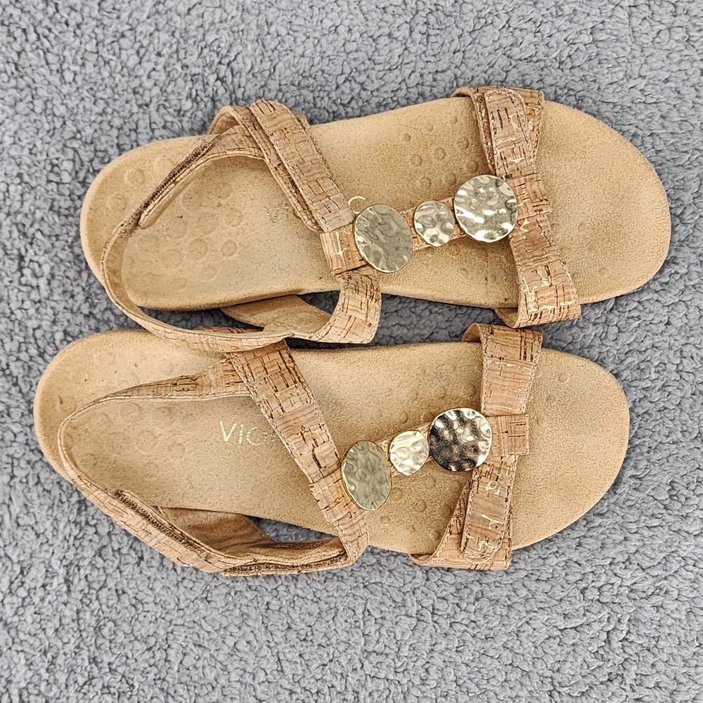 Vionic Farra Tan Cork Sandals Sz 8 Gold Details Ankle Strap Comfort Boho - Picture 3 of 11